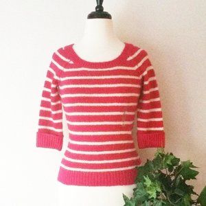 NWT Arizona Striped Sweater Fuzzy Pink and White Scoop Neck Half Sleeve Sweater